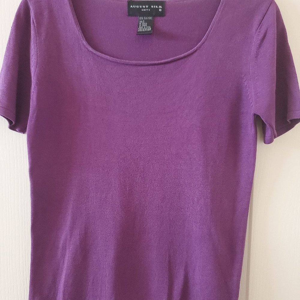 August Silk, purple, short sleeve, scoop neck  top, size small